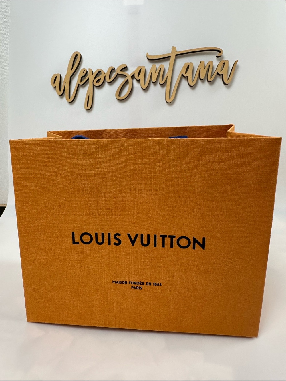Louis Vuitton Orange Canvas Shopping Bag with Navy Handles-5” W × 4.5” H